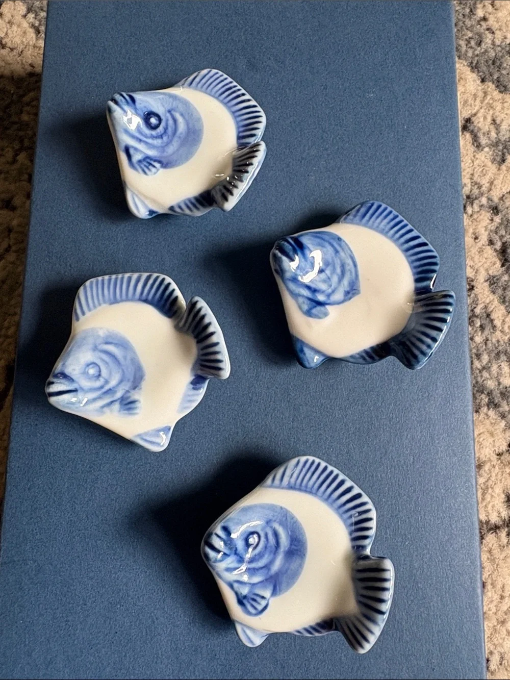 Vintage made in Japan Blue and White Ceramic Fish chopstick rest Dish Set